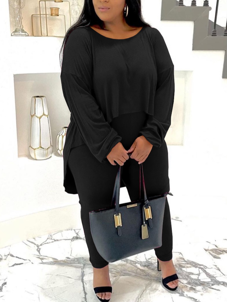 

LW Plus Size High Low Pullover Basic Pants Set, Black