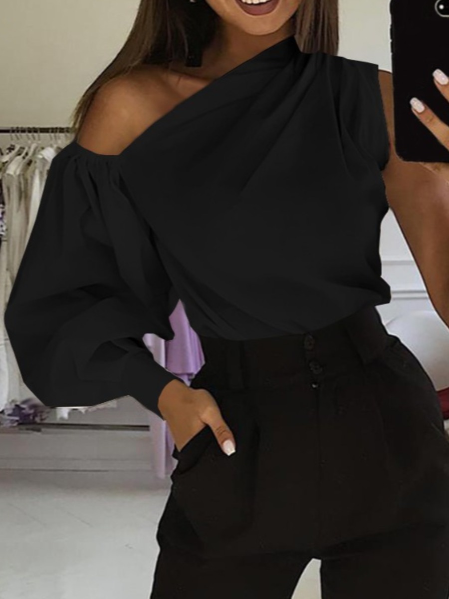 

LW One Shoulder Fold Design Blouse, Black