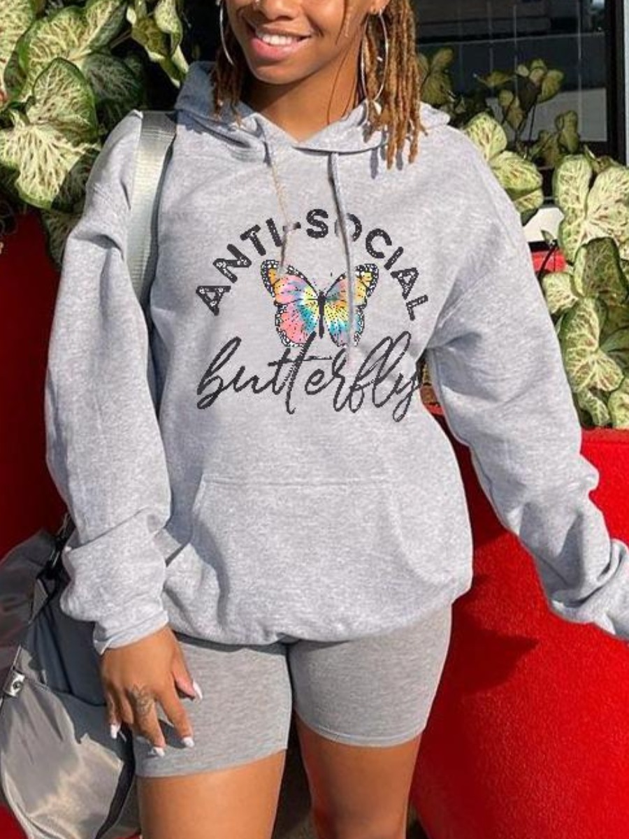

LW Letter Butterfly Print Pullover Hoodie, Grey