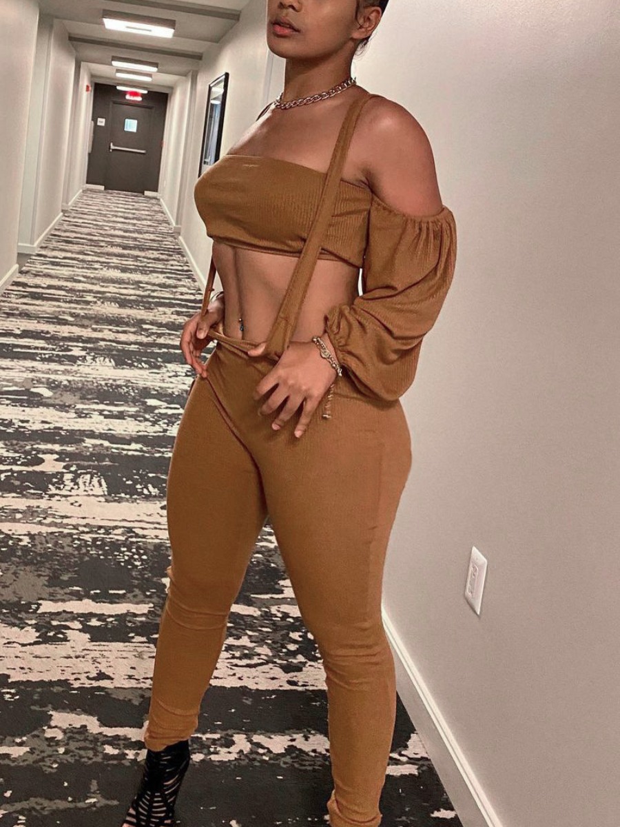 

LW Off The Shoulder Overall Crop Pants Set, Coffee