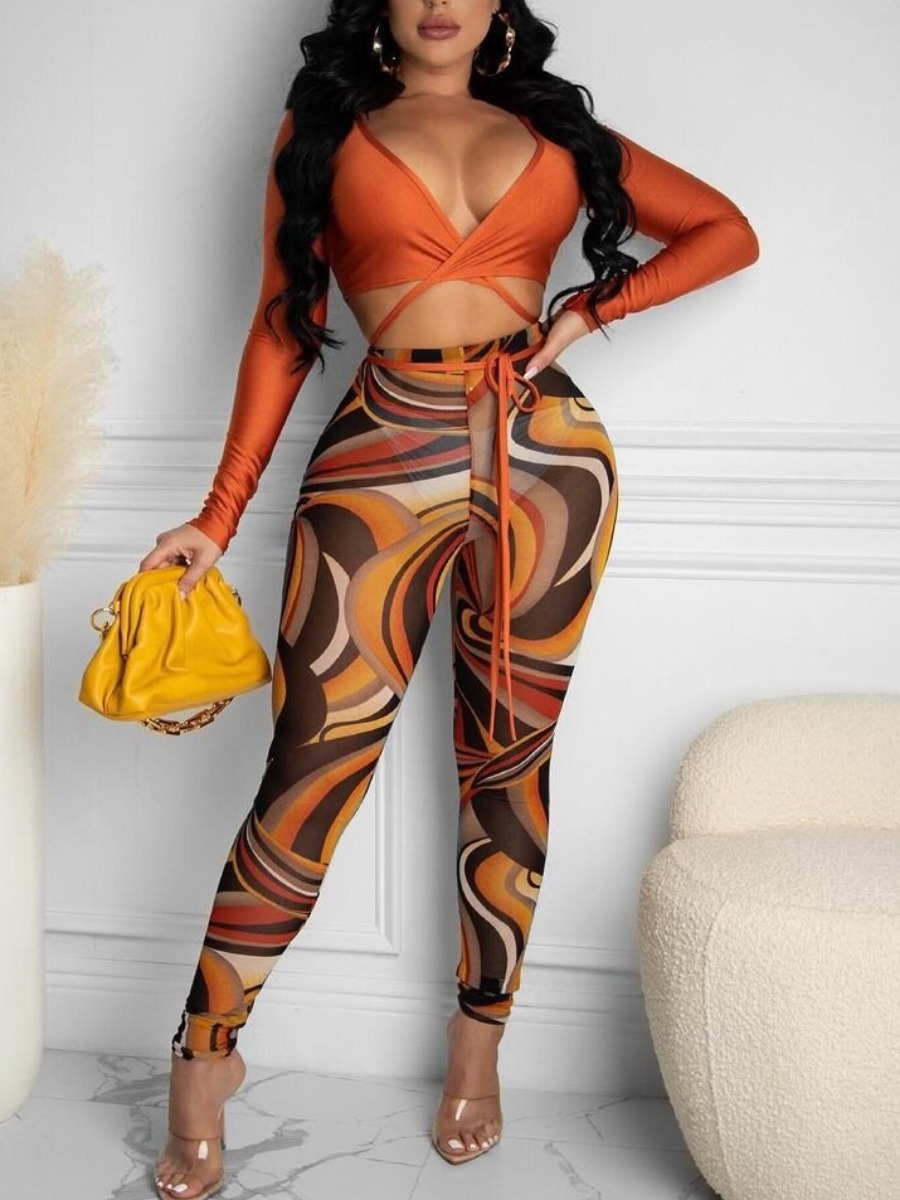 

LW SXY Criss Cross Bandage Design Striped Pants Set, Coffee