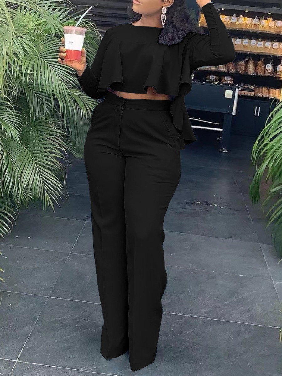 

LW Ruffle Design High Low Pants Set, Black
