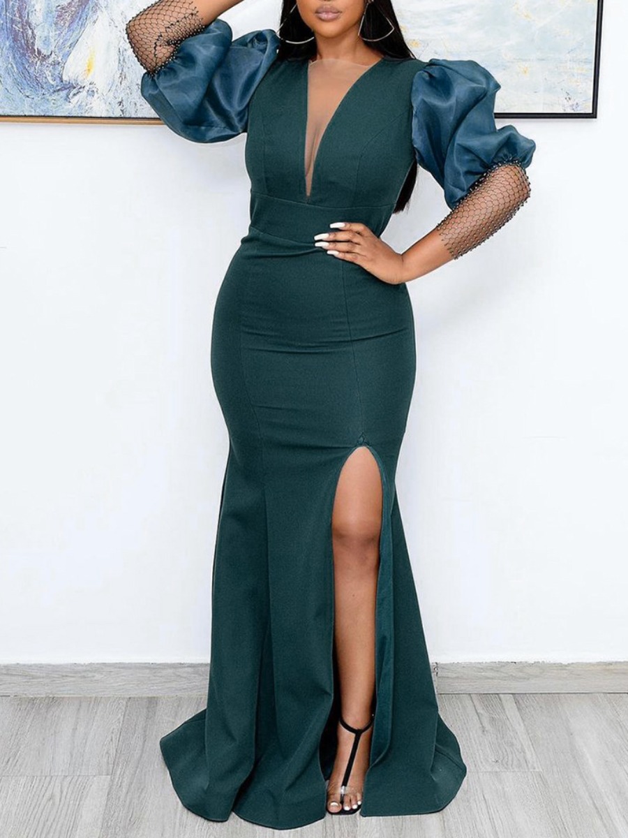 

LW Puff Sleeve High Split Bodycon Prom Dress, Black green
