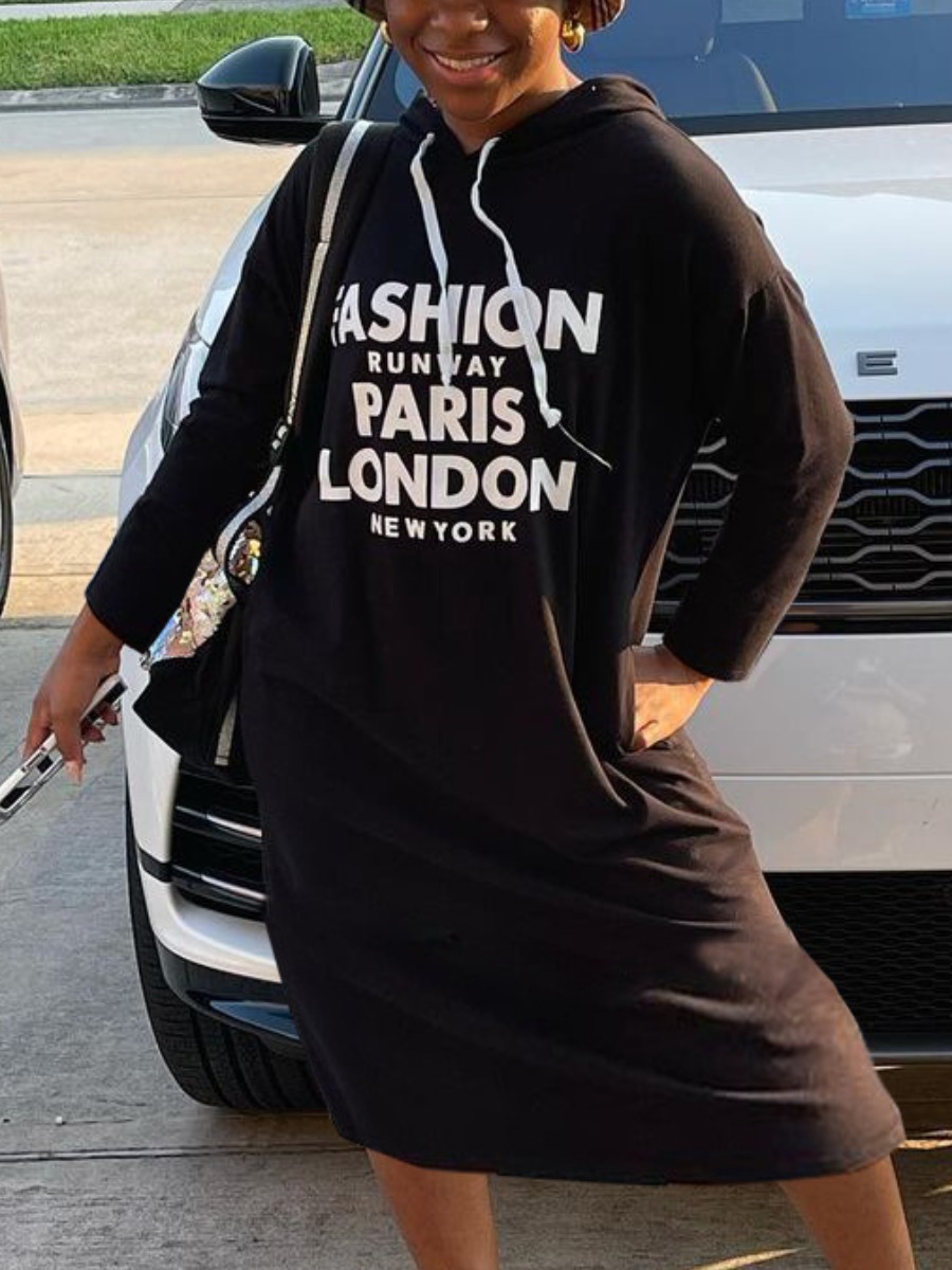 

LW Letter Print Pocket Design Sweat Dress, Black