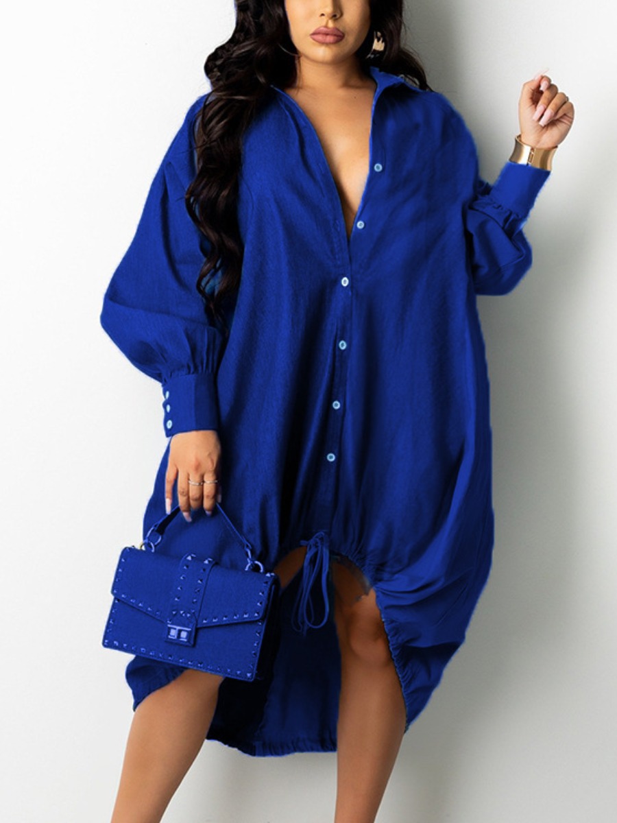 

LW Puff Sleeve Drawstring Shirt Dress, Blue