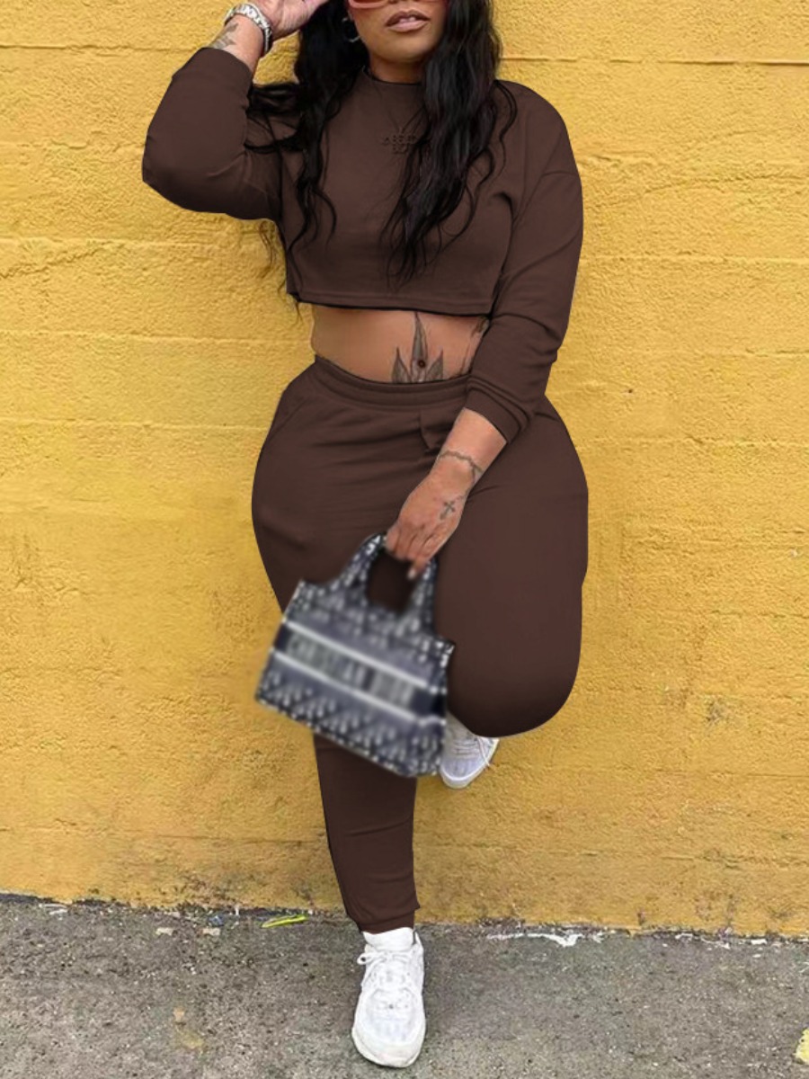 

LW Sweat Pullover Shirred Waist Cropped Pants Set, Coffee