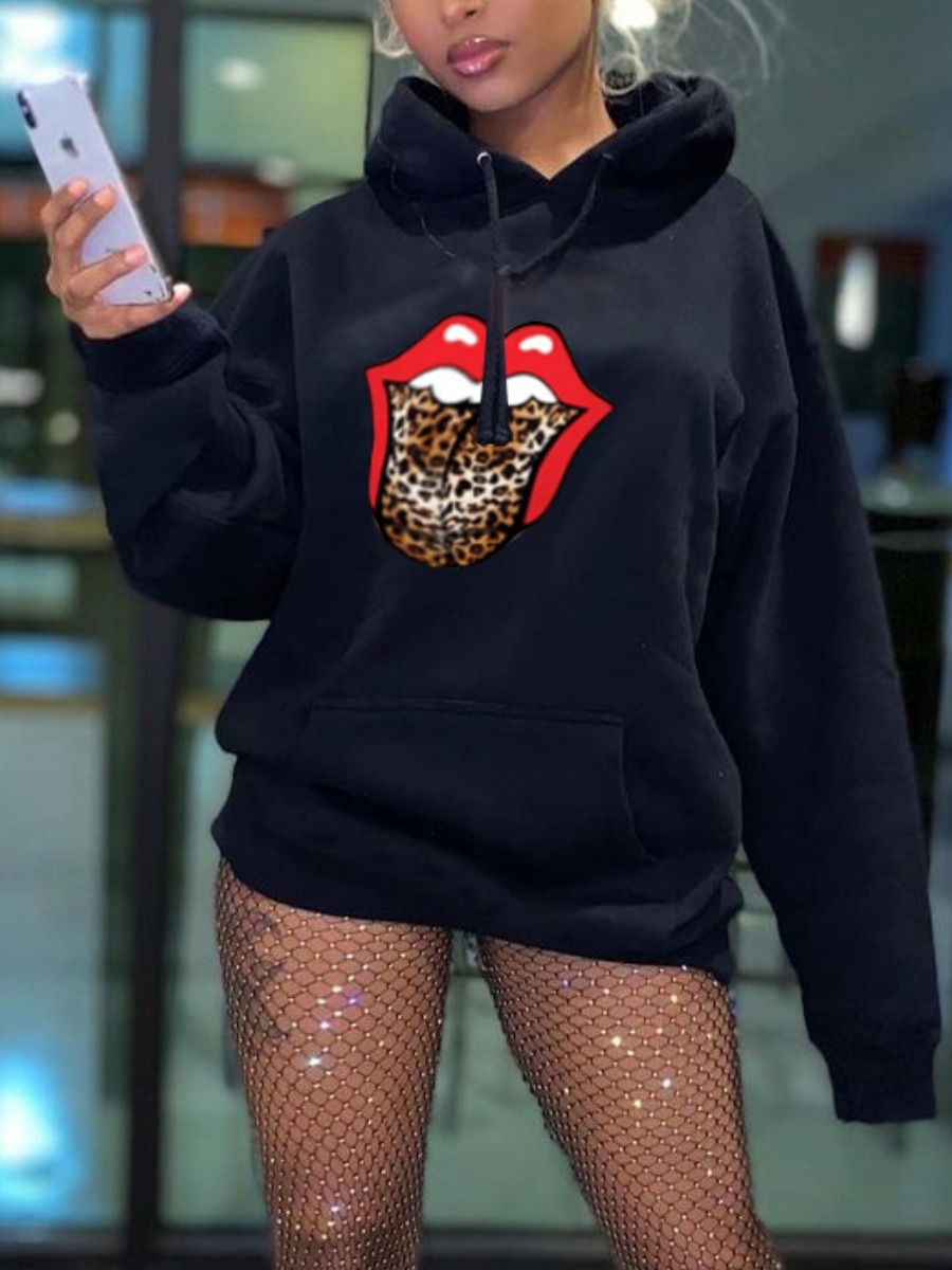 

LW Lip Print Oversized Hoodies, Black