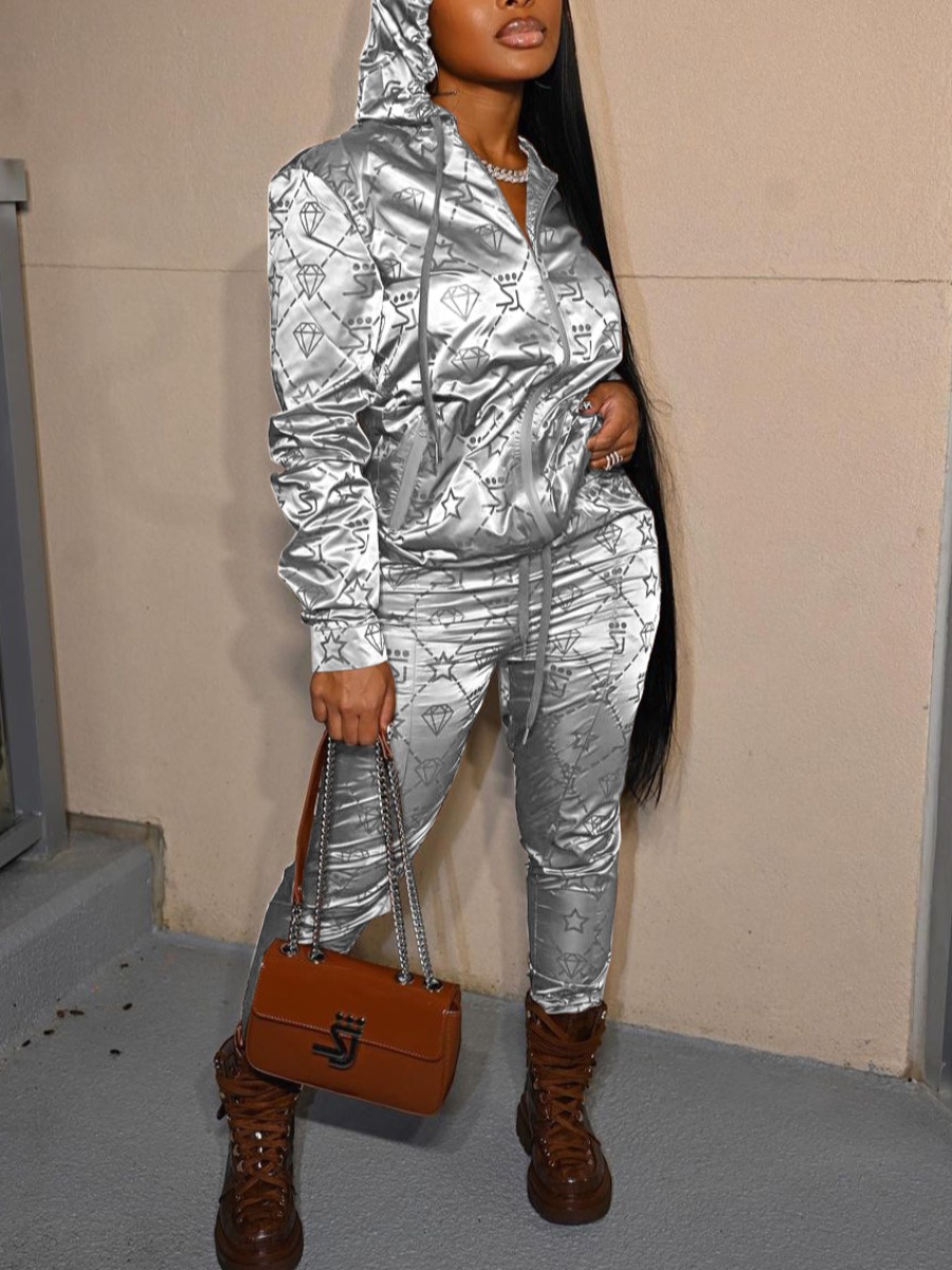 

LW Star Letter Print Zipper Design Tracksuit Set, Silver