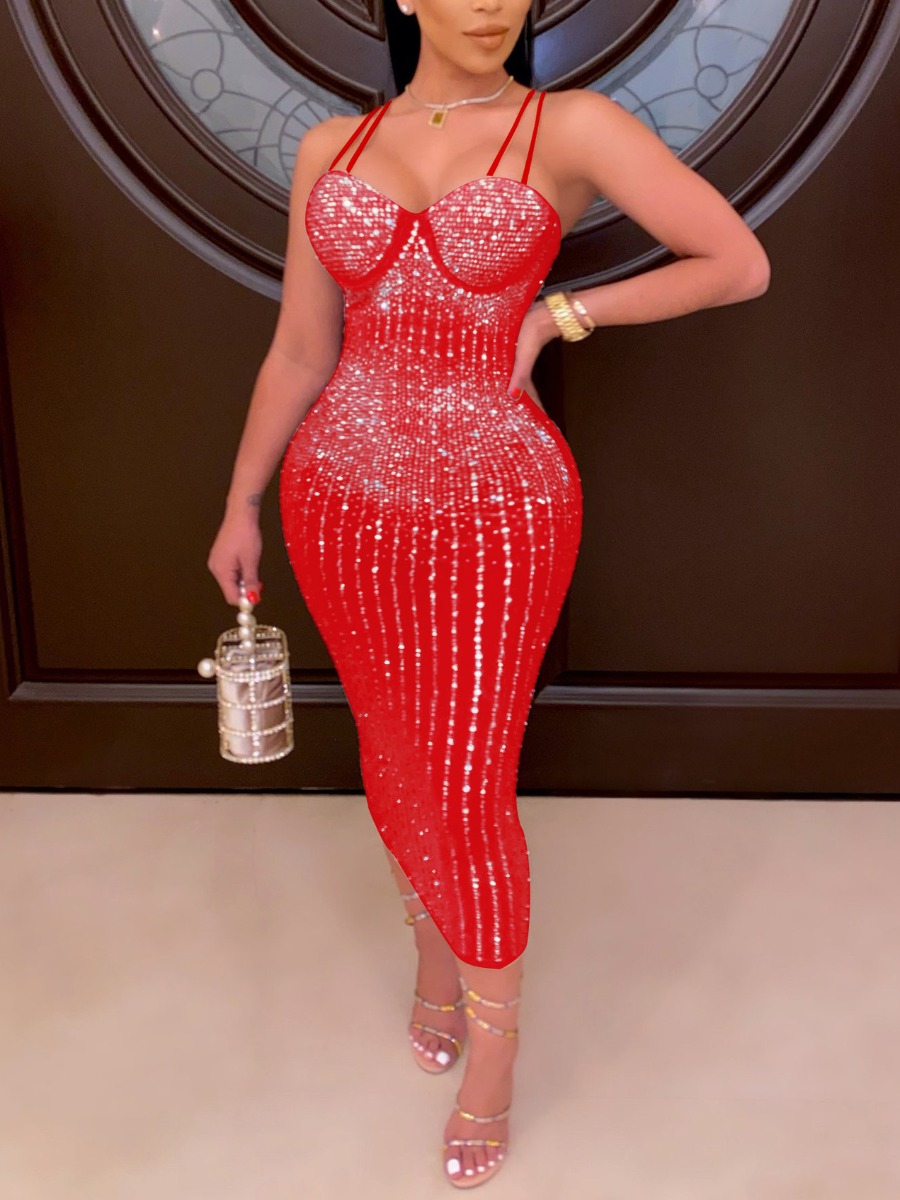 

LW SXY Sequined Bodycon Cami Prom Dress, Red