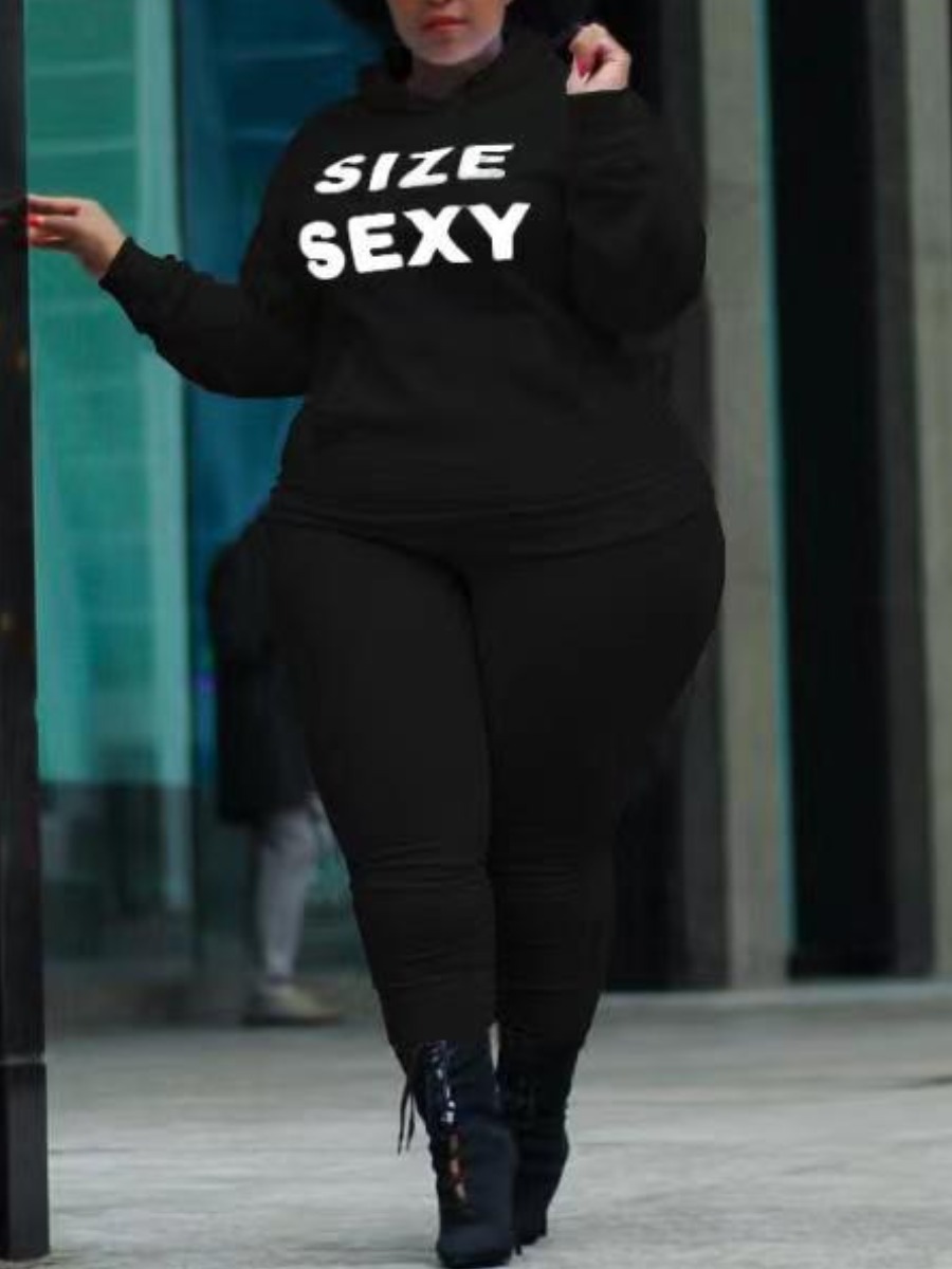 

LW Plus Size Letter Print Kangaroo Pocket Tracksuit Set, Black