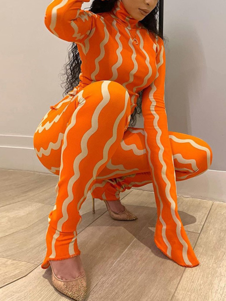 

LW Turtleneck Wave Striped Pants Set, Orange