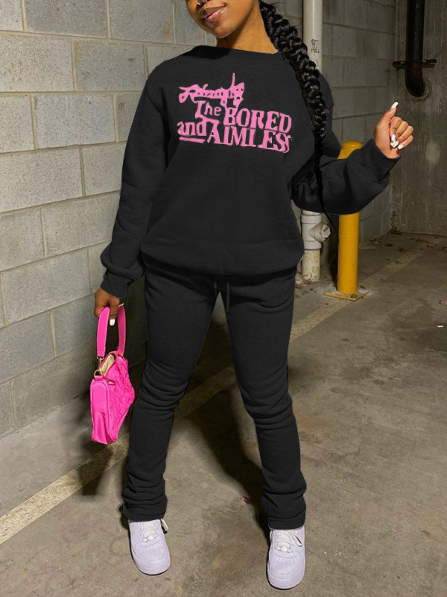 

LW Sweat Letter Print Pullover Pants Set, Black