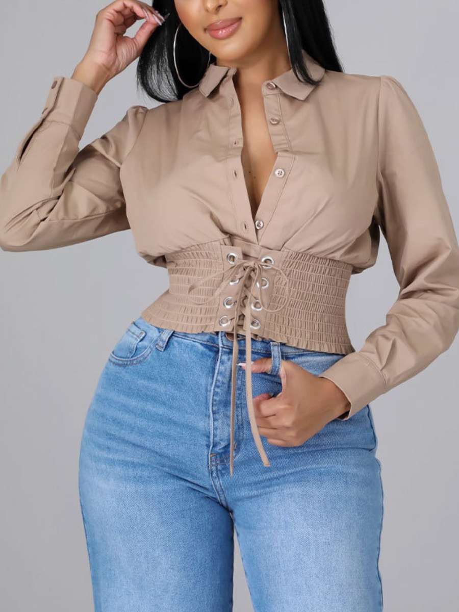 

LW Shirred Waist Bandage Design Blouse, Khaki