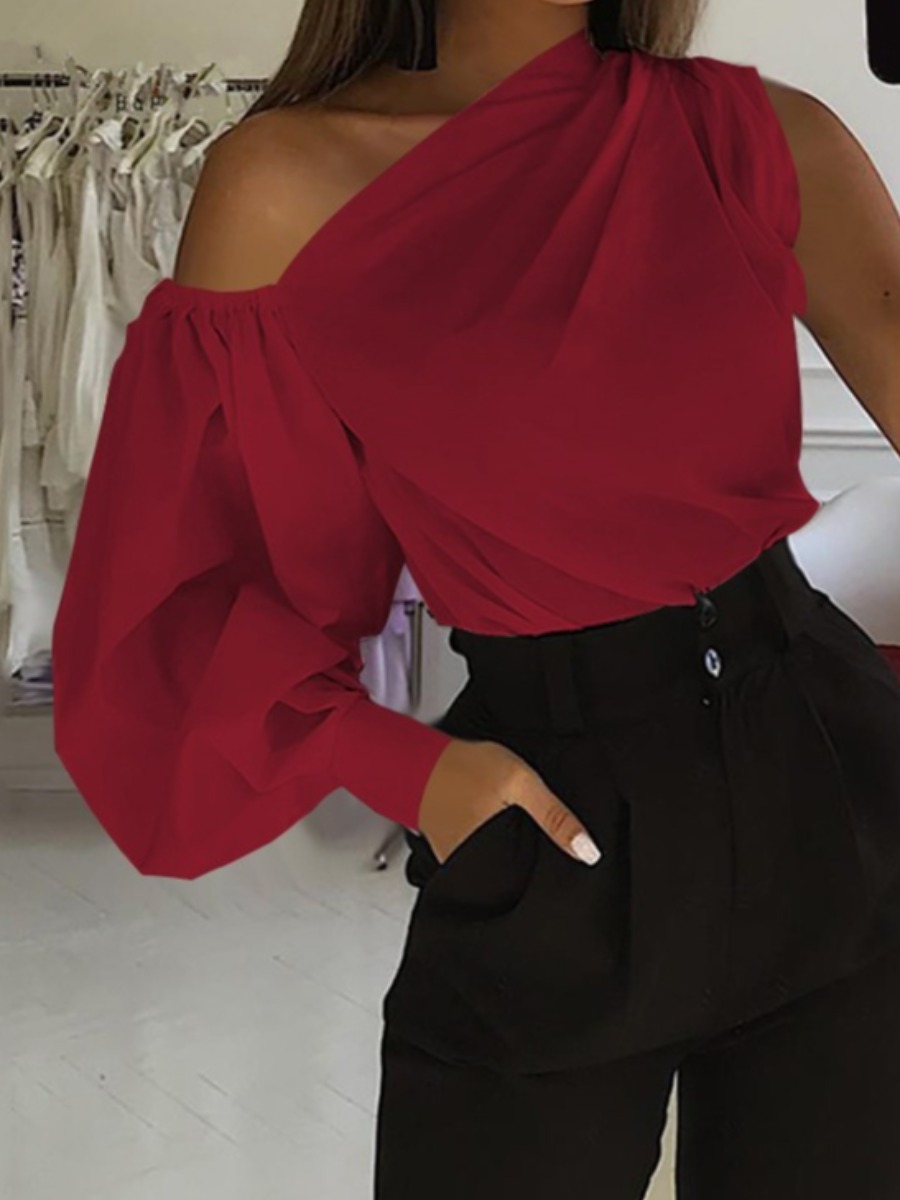 

LW One Shoulder Fold Design Blouse, Wine red