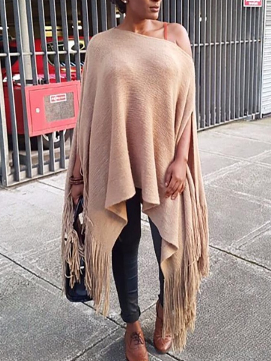 

LW Plus Size One Shoulder Tassel Design Blouses, Khaki