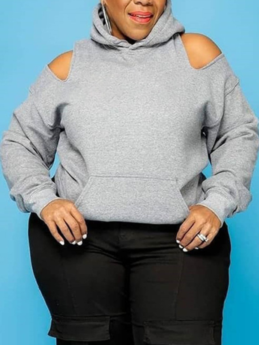 

LW Cold Shoulder Pocket Design Hoodie, Grey
