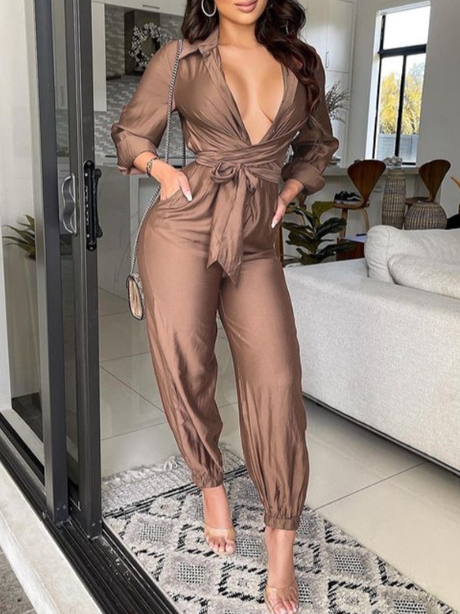 

LW SXY Waist Tie Pocket Design Jumpsuit, Brown