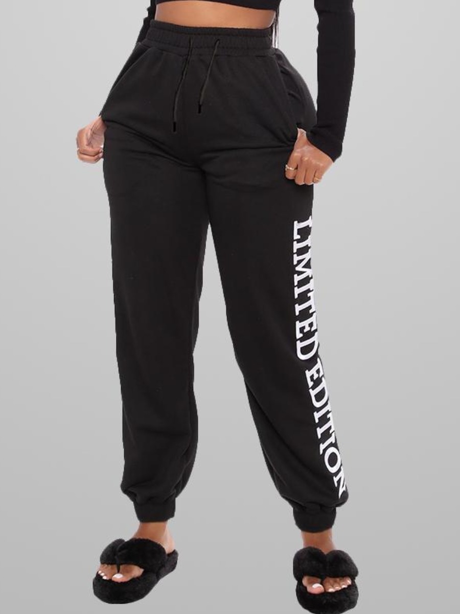 

LW High Waist Letter Print Drawstring Sweatpants, Black