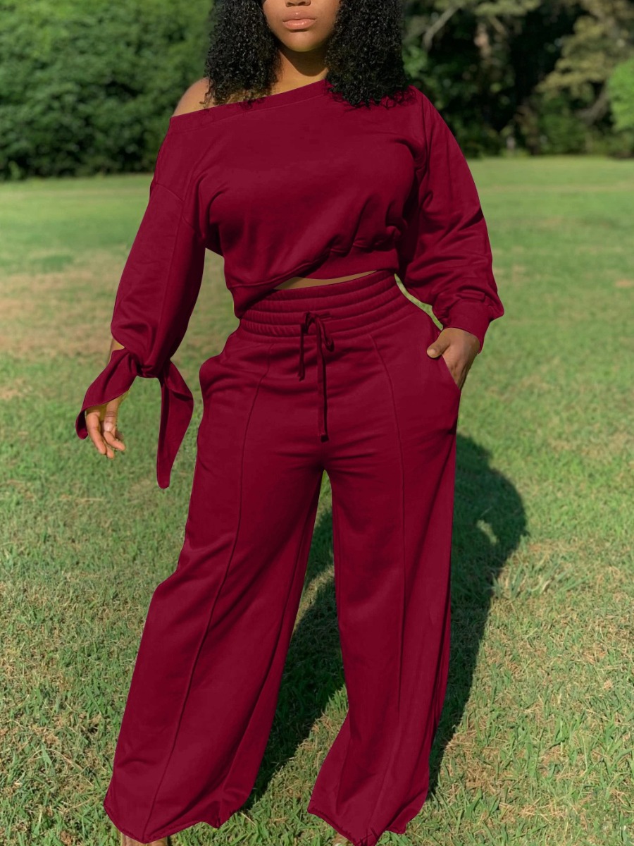 

LW Hollow-out Bandage Design Slit Pants Set, Wine red