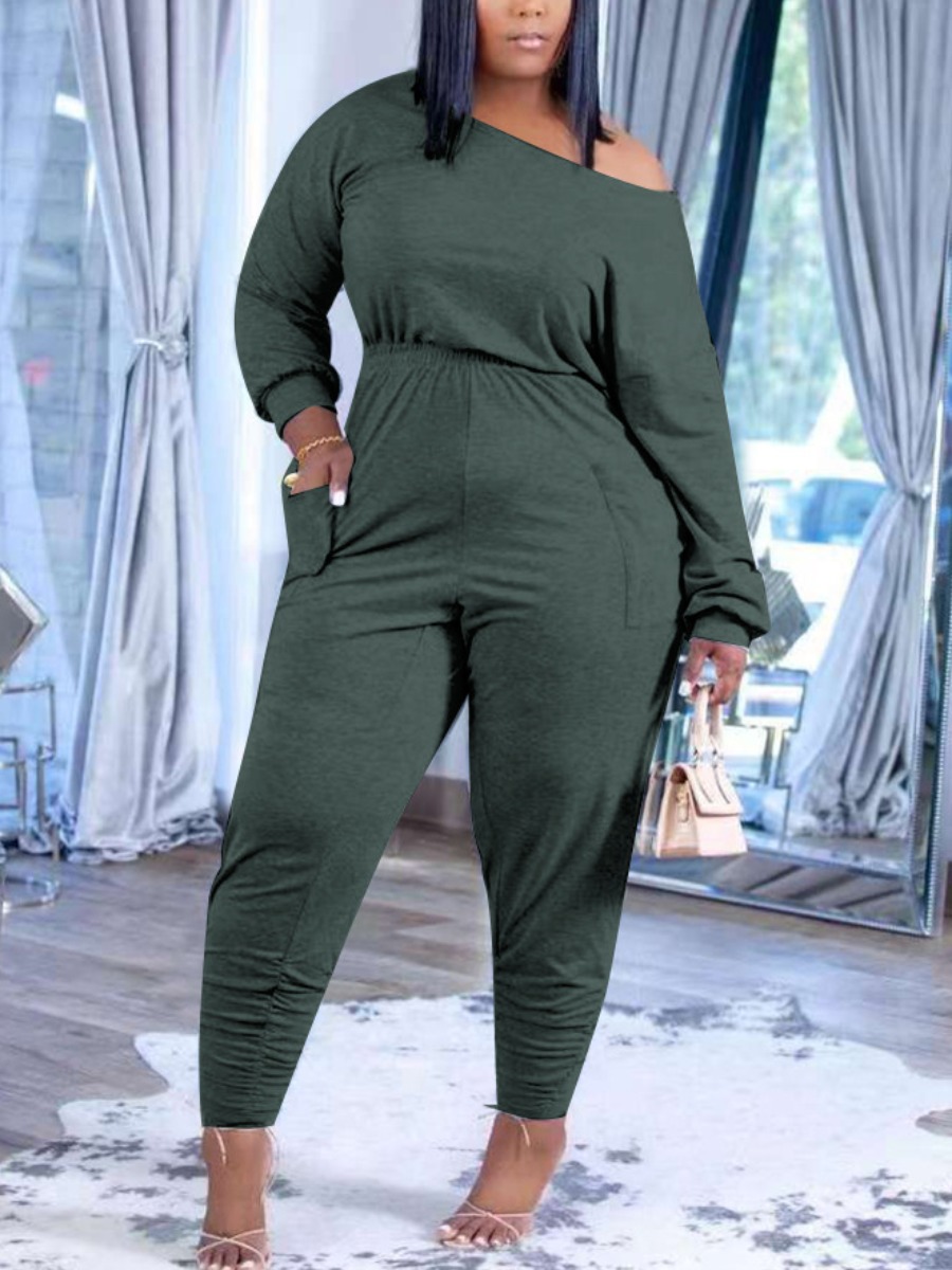 

LW Plus Size Drop Shoulder Pocket Design Pants Set, Army green
