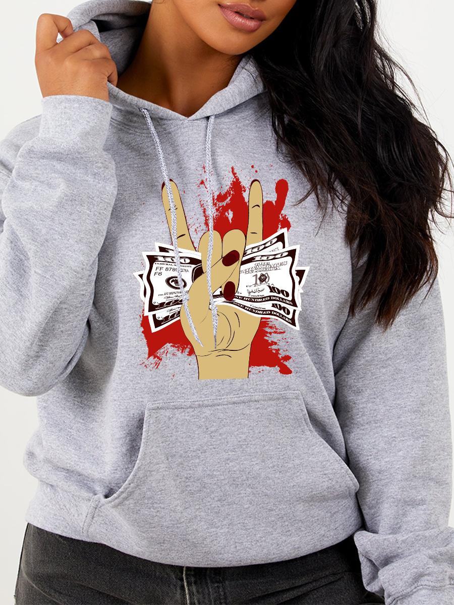 

LW Plus Size Money Print Kangaroo Pocket Hoodie, Grey