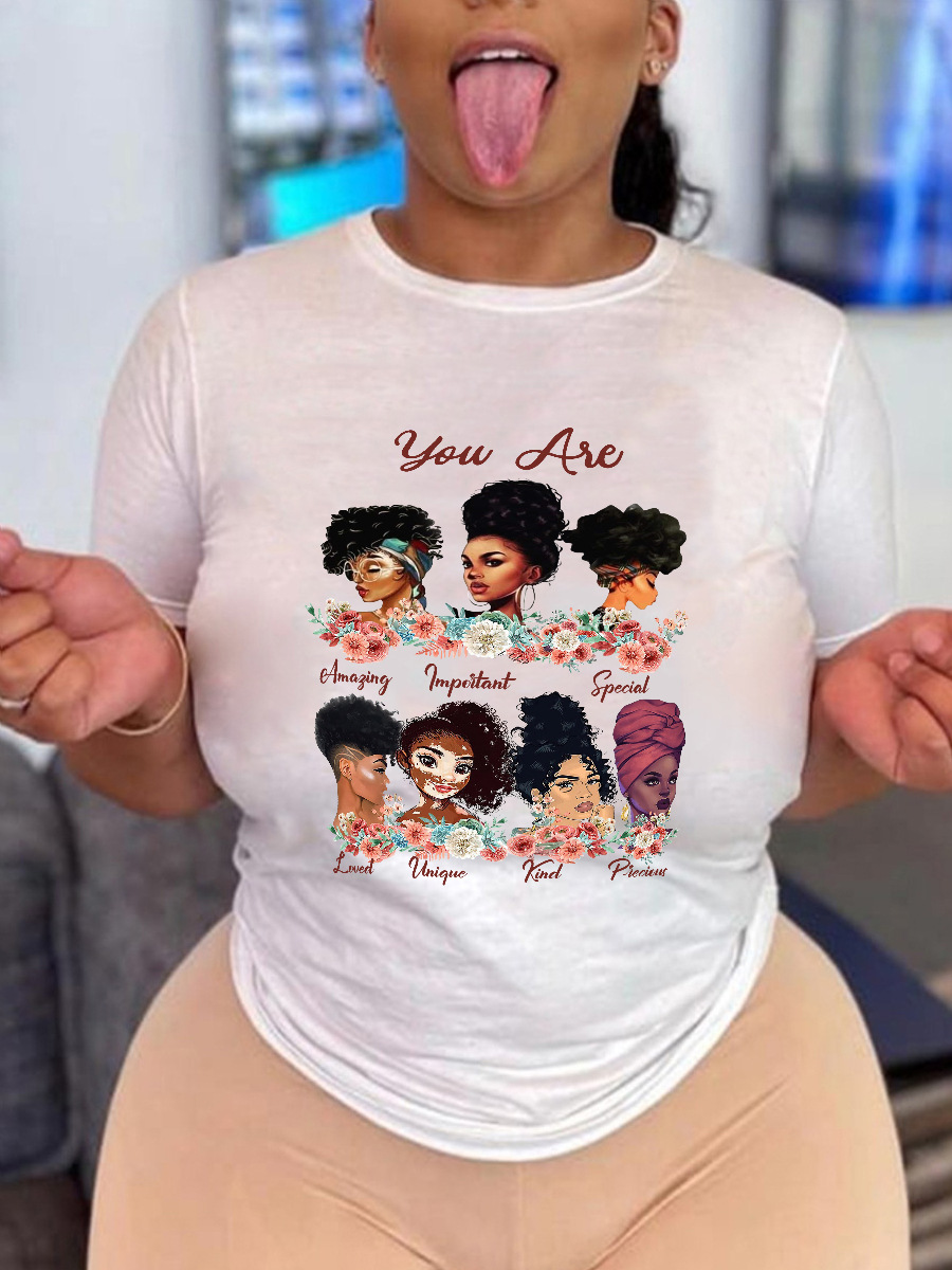 

LW Plus Size Casual Letter Cartoon Print T-shirt, White