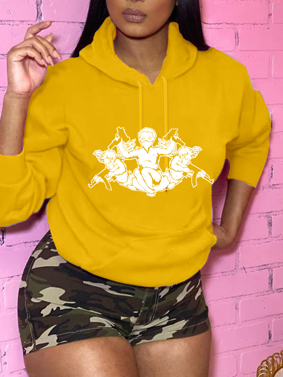 

LW Plus Size Casual Pocket Cartoon Print Hoodies, Yellow