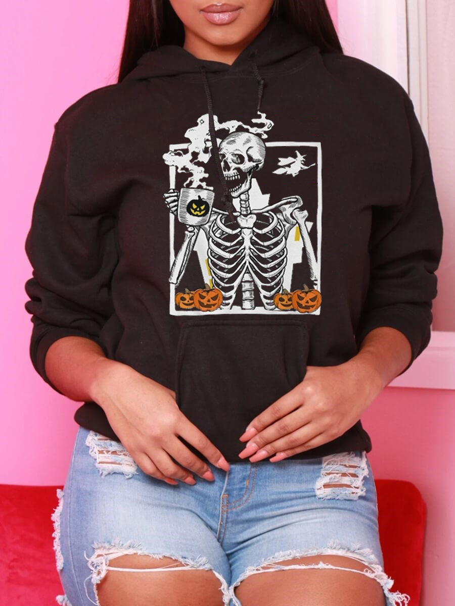 

LW BASICS Skull Print Pocket Design Hoodie, Black