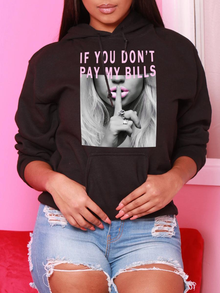 

LW Plus Size Letter Print Pocket Design Hoodie, Black