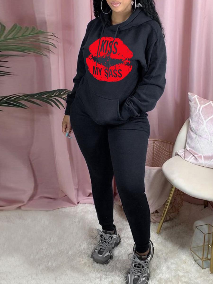 

LW Sweat Lip Print Pocket Design Tracksuit Set, Black