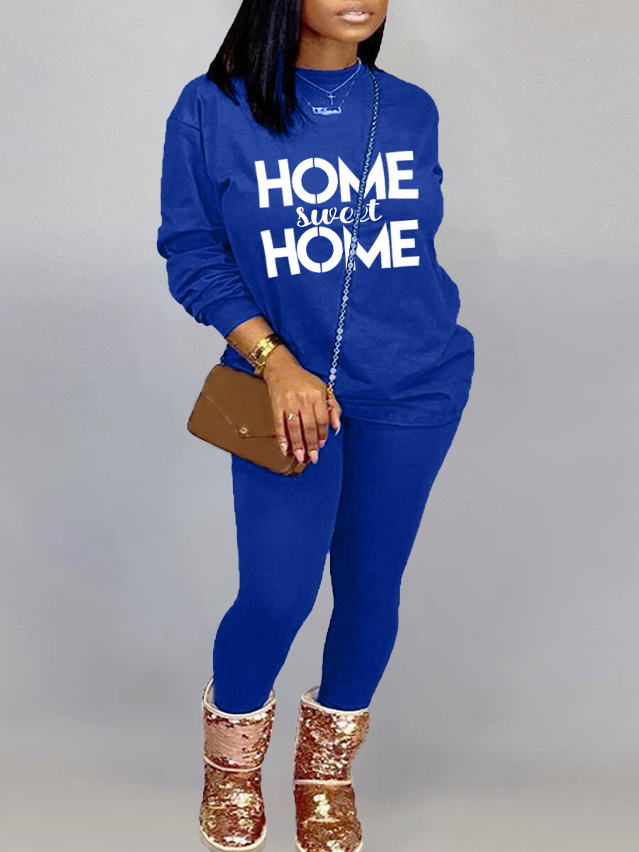

LW Sweat Pullover Letter Print Tracksuit Set, Blue