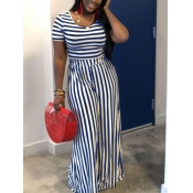 LW Casual O Neck Striped Loose Blue Two Piece Pant