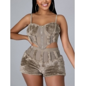 LW SXY Zipper Design Crop Top Plush Shorts Set