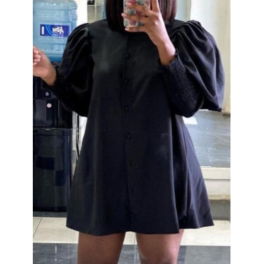 

LW Lantern Sleeve Button Design Shirt Dress, Black