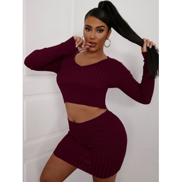 

LW V Neck Rib-Knit Skirt Set, Wine red