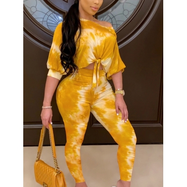 

LW Trendy Tie Dye Knot Design Yellow Two Piece Pants Set