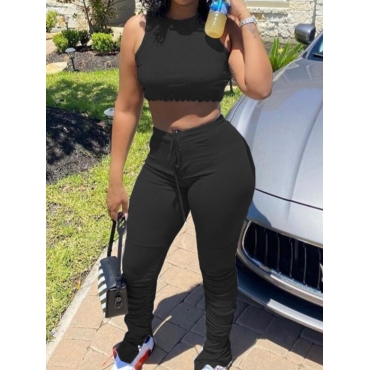 

LW Fold Design Lace-up Slit Tracksuit Pants Set, Black
