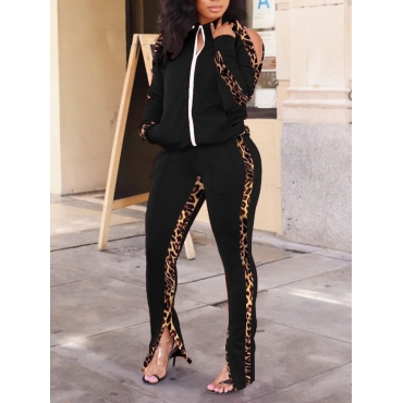 

LW Cold Shoulder Leopard Patchwork Slit Pants Set, Black