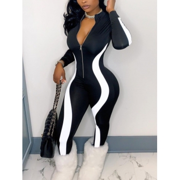 

LW Striped Zipper Design Skinny Jumpsuit, Black