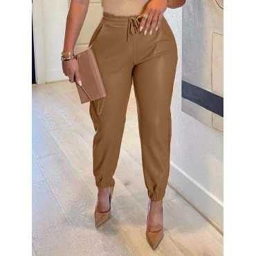 

LW BASICS PU Mid Waist Solid Regular Pants, Coffee