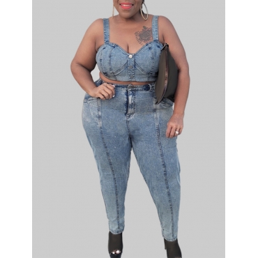 

LW Plus Size Button Pocket Design Denim Two-piece Pants Set, Baby blue