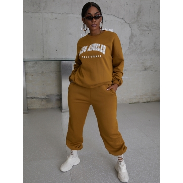 

LW COTTON Letter Print Oversized Sweatsuit Set, Brown