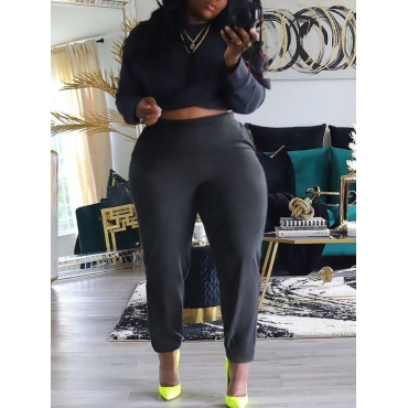 

LW Plus Size Stylish O Neck Cross-over Design Black Two-piece Pants Set