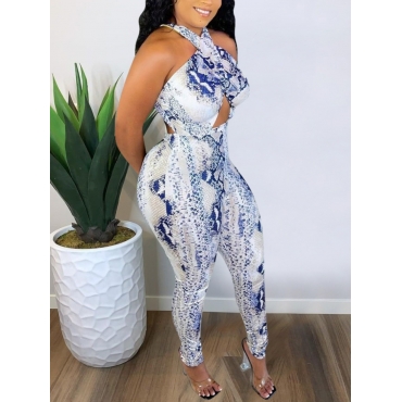 

LW Street Backless Snakeskin Print Blue One-piece Jumpsuit