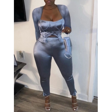 

LW Plus Size Stylish Square Collar Skinny Baby Blue Two-piece Pants Set