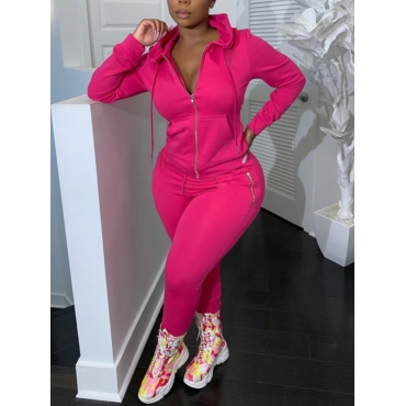 

LW Plus Size Hooded Collar Kangaroo Pocket Tracksuit Set, Rose red