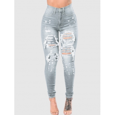 

LW High-waisted High Stretchy Raw Edge Ripped Jeans, Baby blue