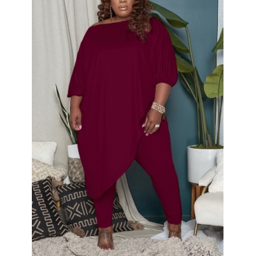 

LW COTTON Plus Size Material Series Asymmetrical Pants Set, Wine red
