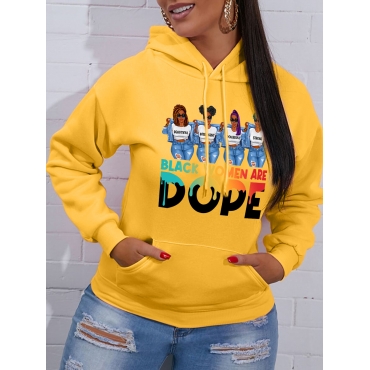 

LW Figure Letter Print Kangaroo Pocket Hoodies, Yellow