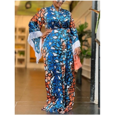 

LW Plus Size Asymmetrical Color Block Tassel Design Coat (Without Belt), Blue